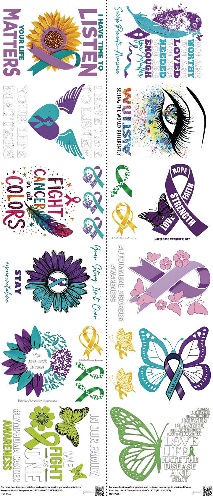 Suicide Awareness mixed-style heat transfer design set on a 23.5 by 53 inch sheet