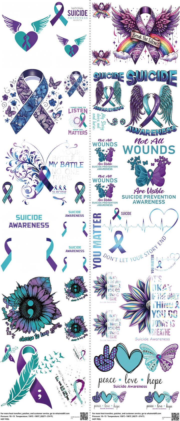Suicide Awareness mixed-style heat transfer design set on a 23.5 by 53 inch sheet