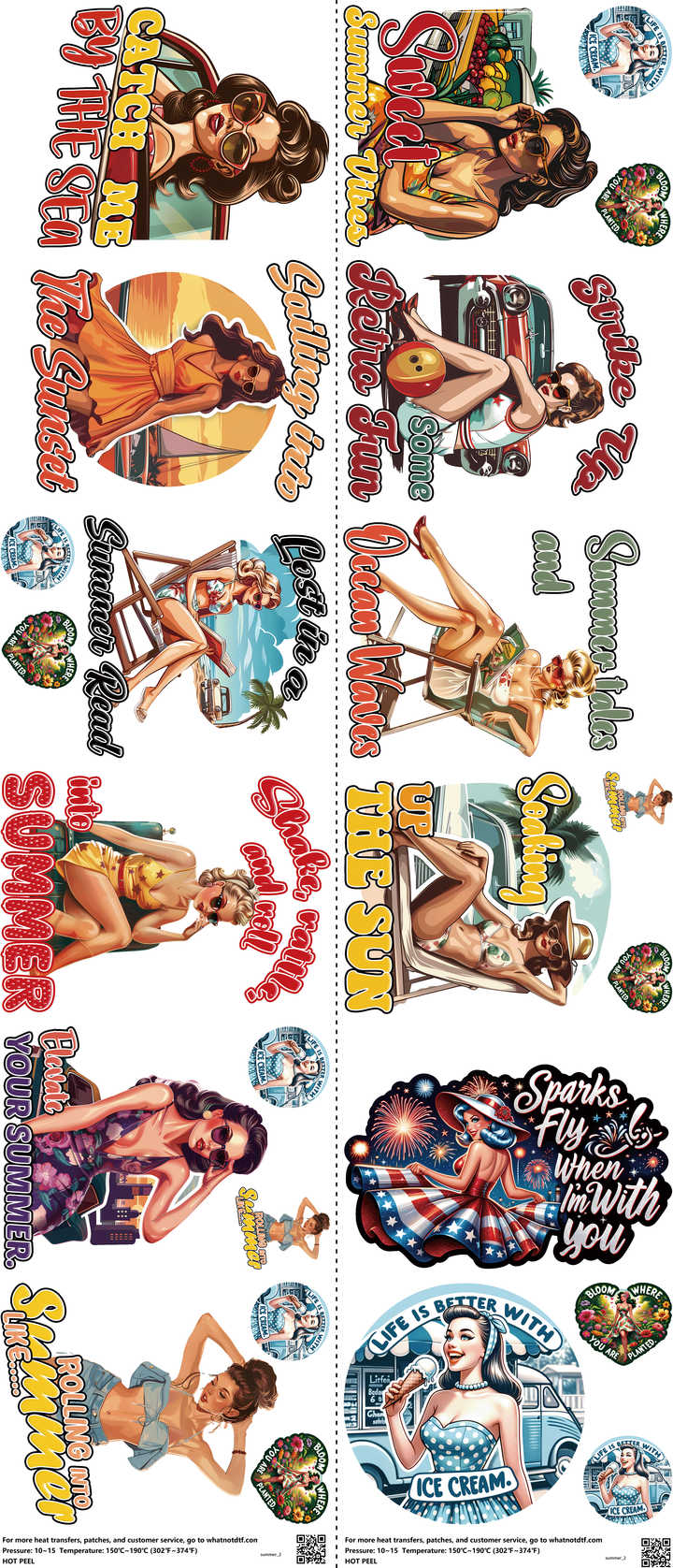 Summer mixed-style heat transfer design set on a 23.5 by 53 inch sheet