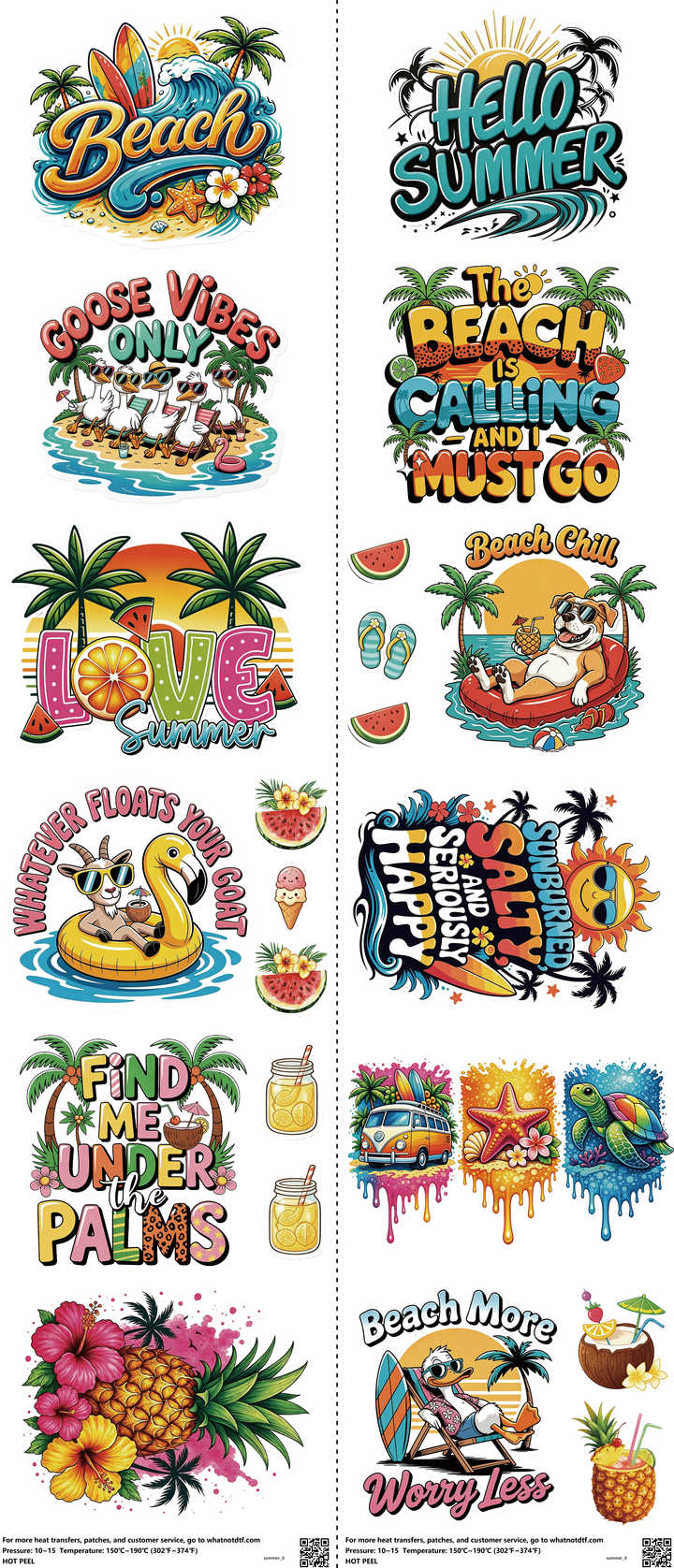 Summer mixed-style heat transfer design set on a 23.5 by 53 inch sheet