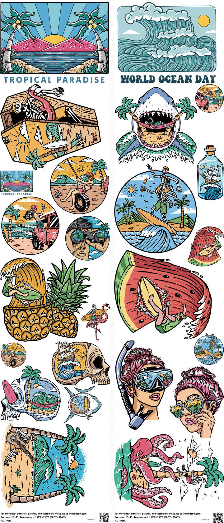 Summer mixed-style heat transfer design set on a 23.5 by 53 inch sheet