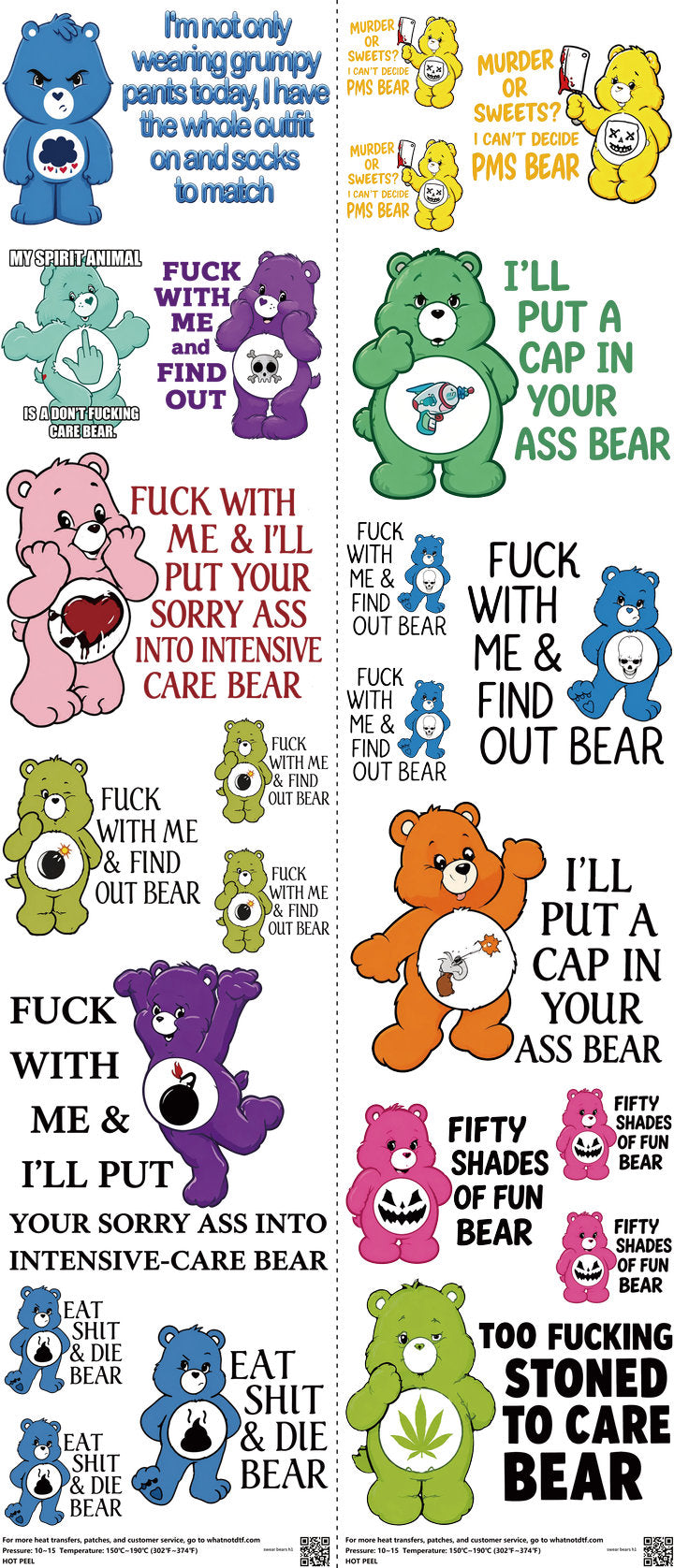 Swear Bears mixed-style heat transfer design set on a 23.5 by 53 inch sheet