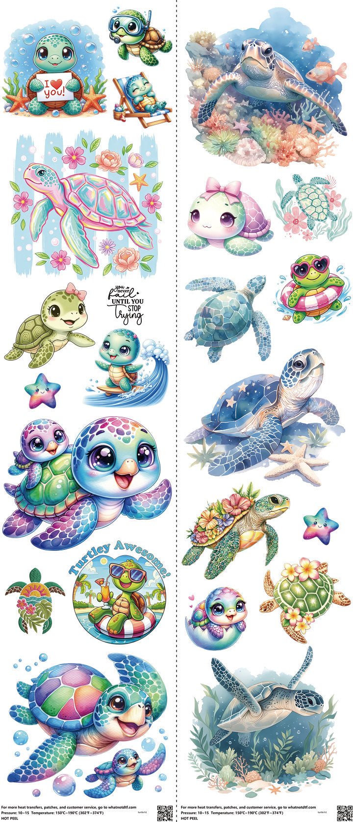 Turtle mixed-style heat transfer design set on a 23.5 by 53 inch sheet