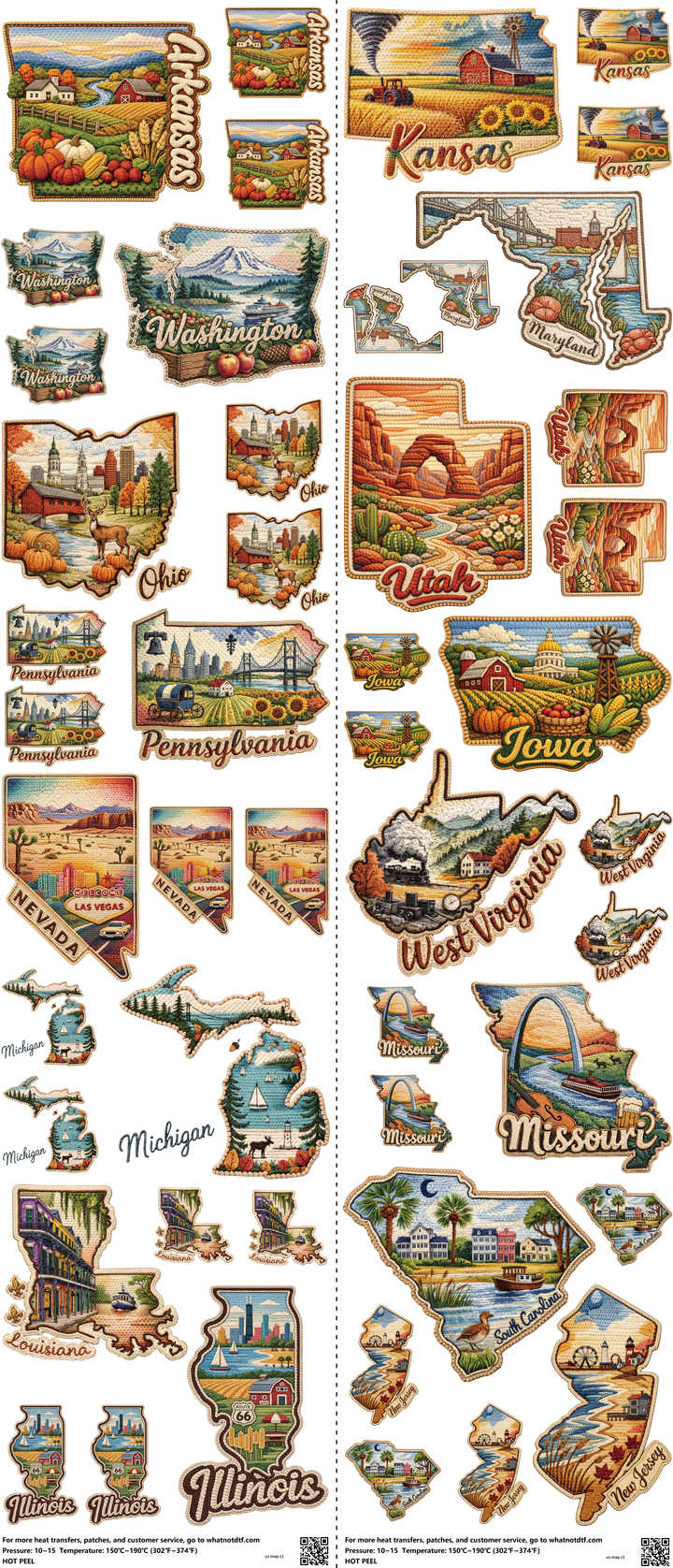 Us Map mixed-style heat transfer design set on a 23.5 by 53 inch sheet