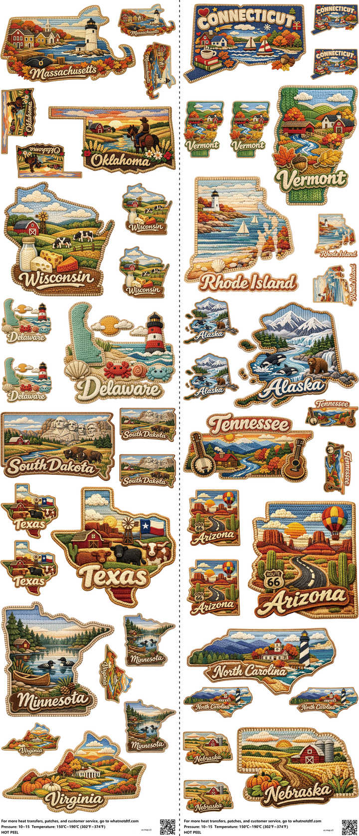 Us Map mixed-style heat transfer design set on a 23.5 by 53 inch sheet