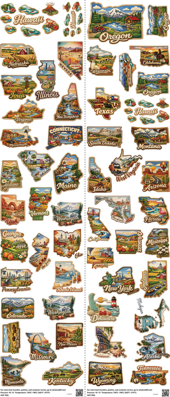 Us Map mixed-style heat transfer design set on a 23.5 by 53 inch sheet