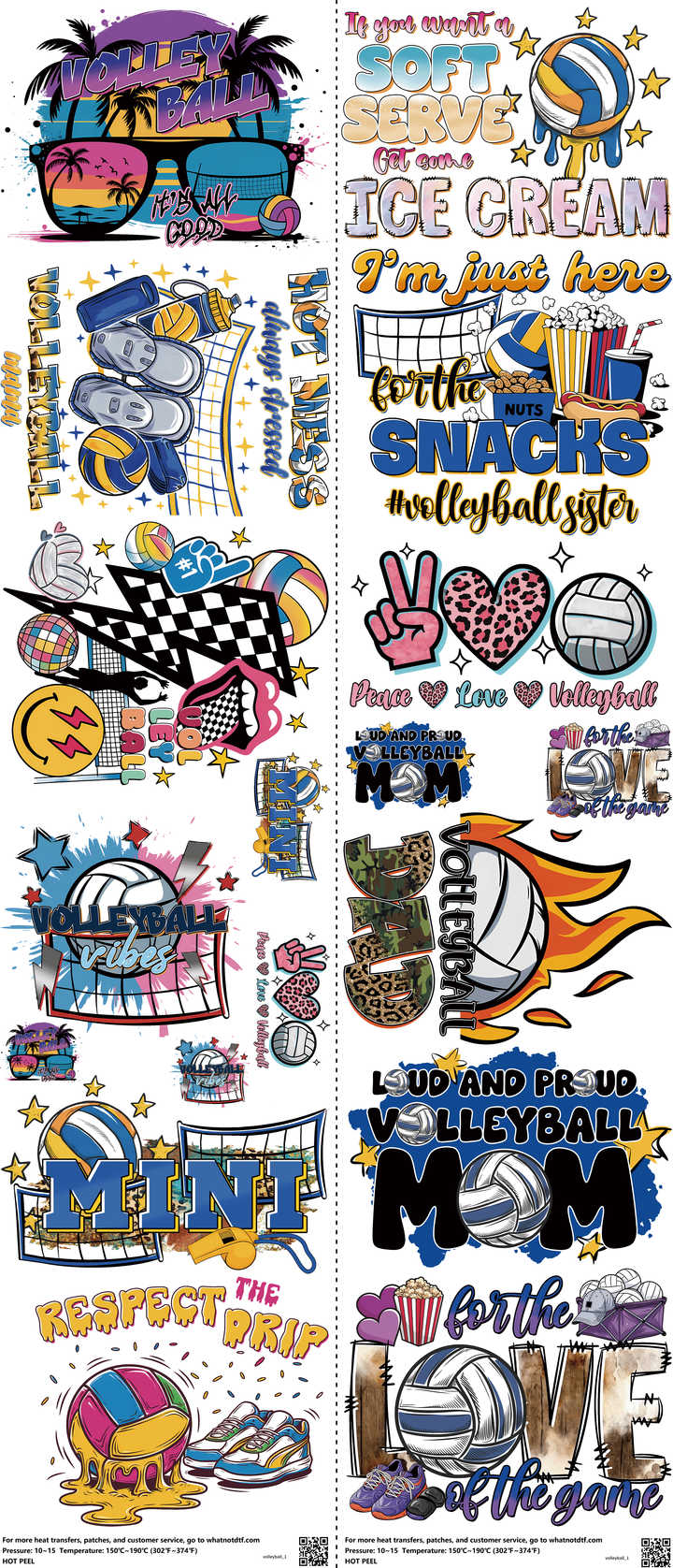 Volleyball mixed-style heat transfer design set on a 23.5 by 53 inch sheet