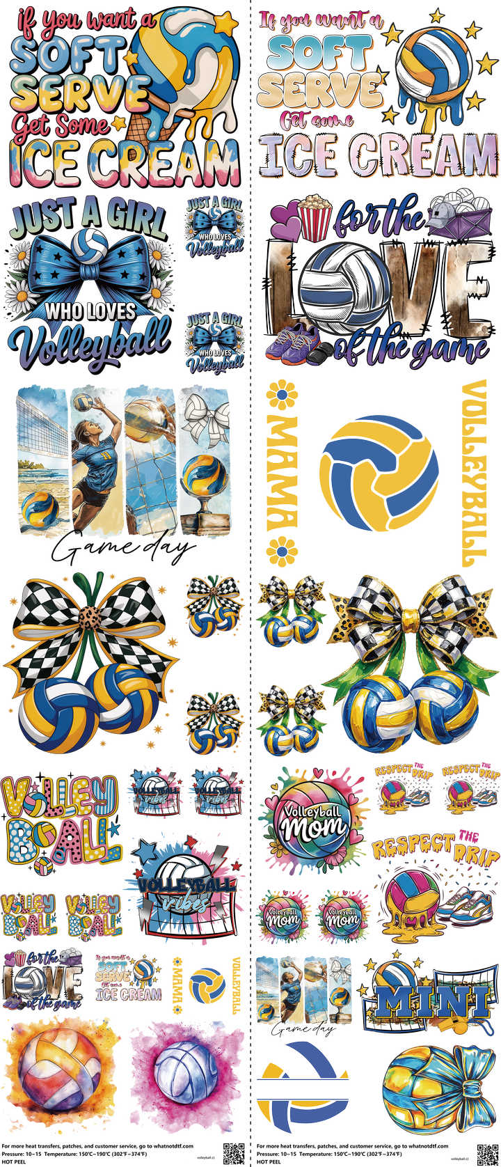 Volleyball mixed-style heat transfer design set on a 23.5 by 53 inch sheet