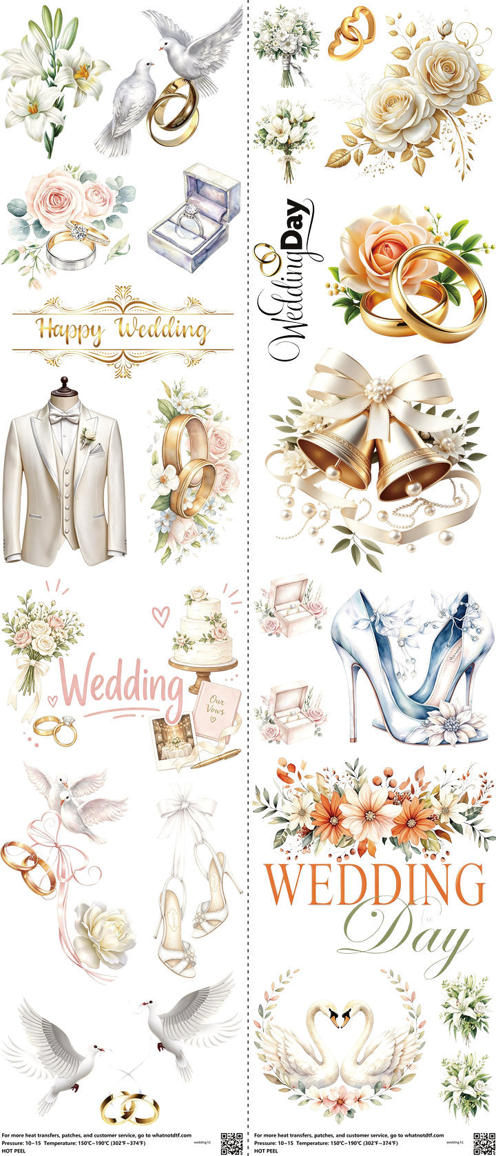 Wedding mixed-style heat transfer design set on a 23.5 by 53 inch sheet