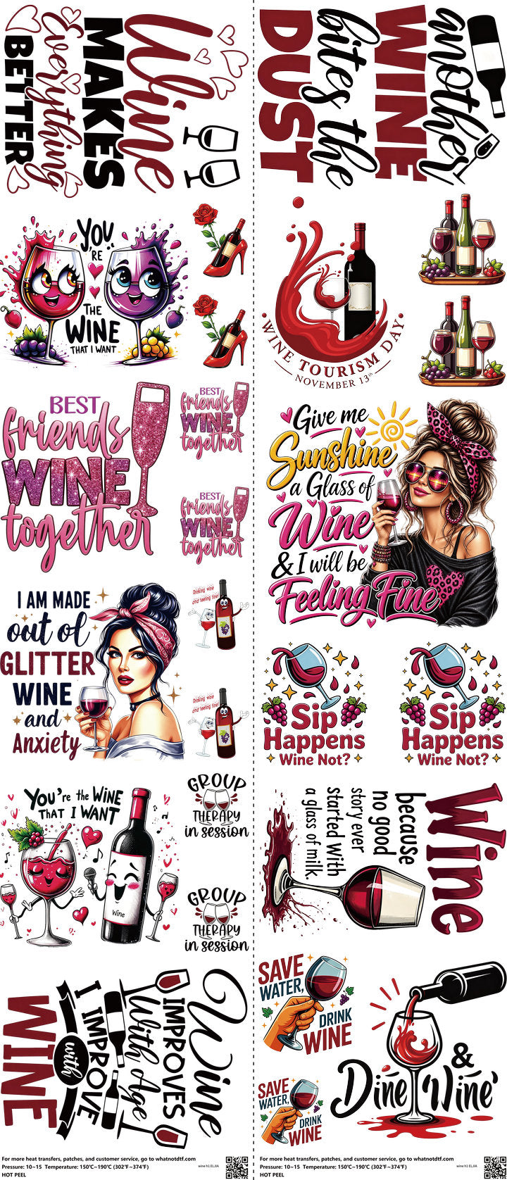 Wine H1 mixed-style heat transfer design set on a 23.5 by 53 inch sheet