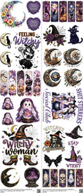 Witchy mixed-style heat transfer design set on a 23.5 by 53 inch sheet