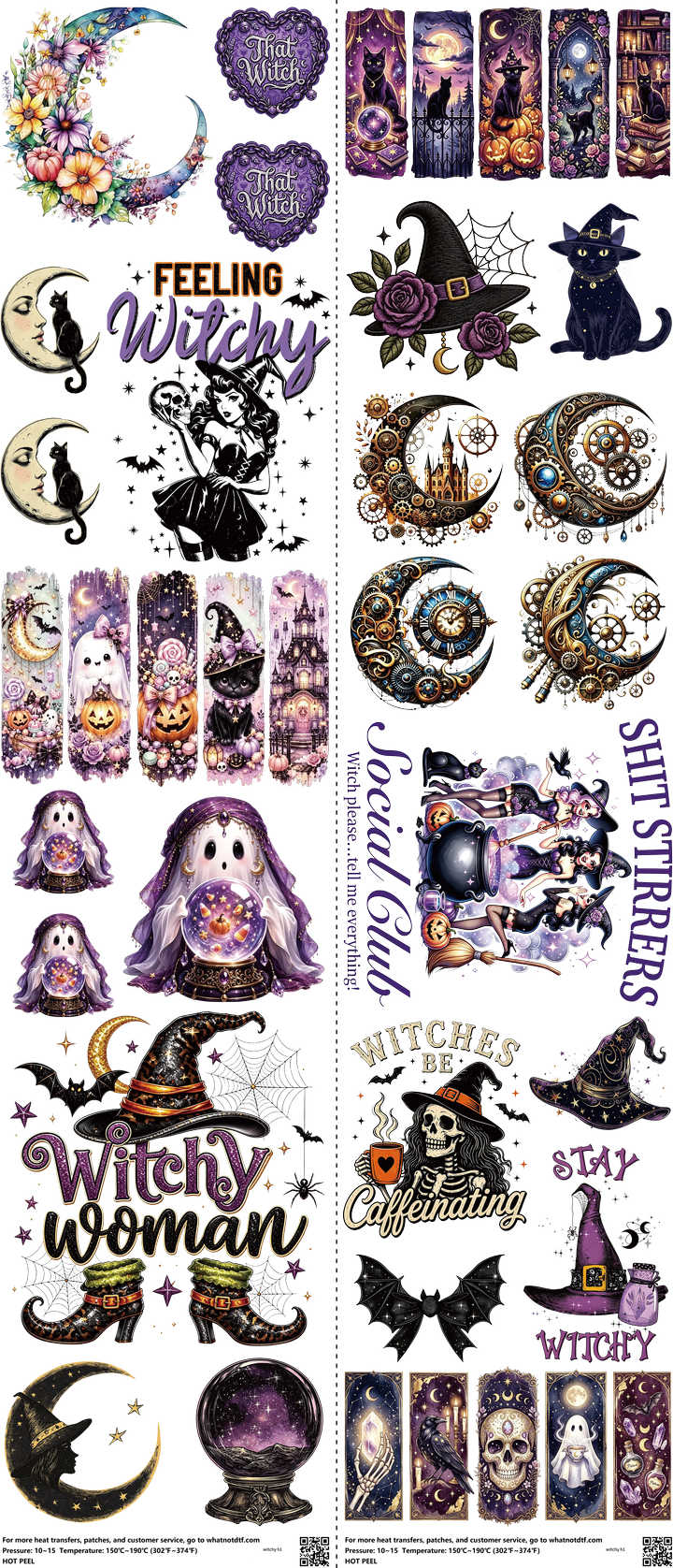 Witchy mixed-style heat transfer design set on a 23.5 by 53 inch sheet
