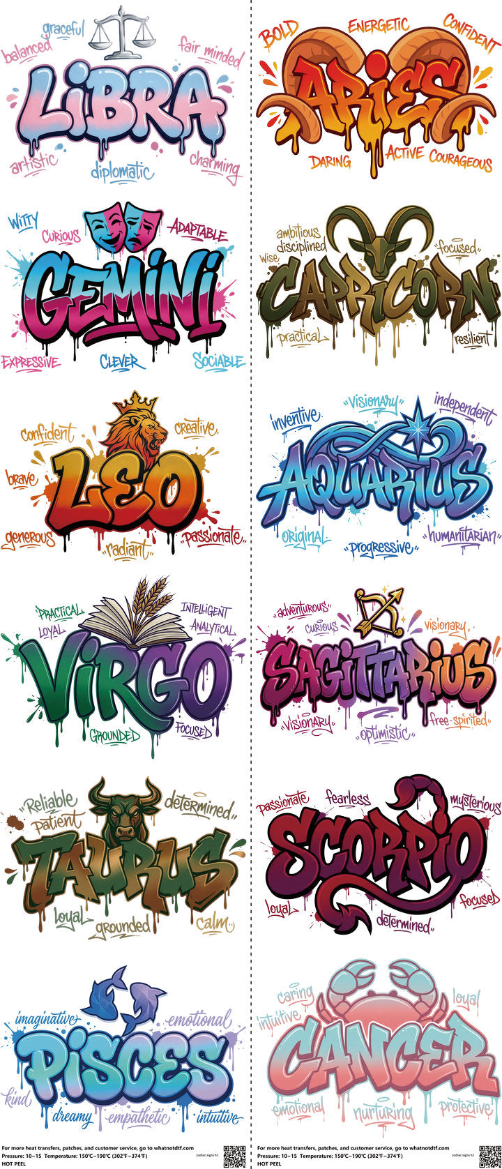 Zodiac Signs mixed-style heat transfer design set on a 23.5 by 53 inch sheet