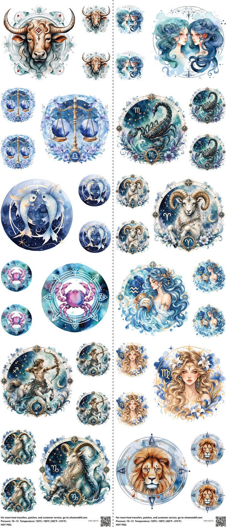 Zodiac Signs mixed-style heat transfer design set on a 23.5 by 53 inch sheet